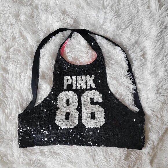 Victorias Secret Pink 86 Black Sequin Halter Racerback Crop Swim Top M - Picture 4 of 10